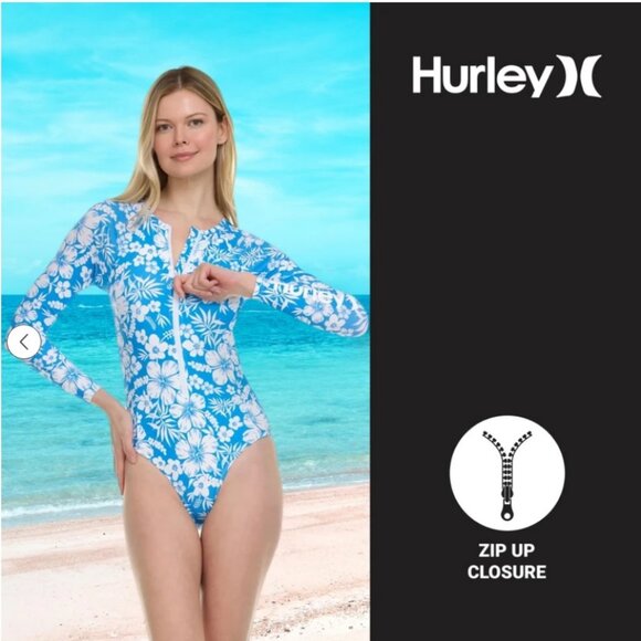 HURLEY Long Sleeve Hibiscus Blue One Piece Swimsuit w/front zip Size: L NEW - Picture 1 of 9